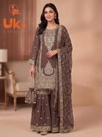 3Pc Embroided Chiffon Shirt, Gharara, Dupatta
