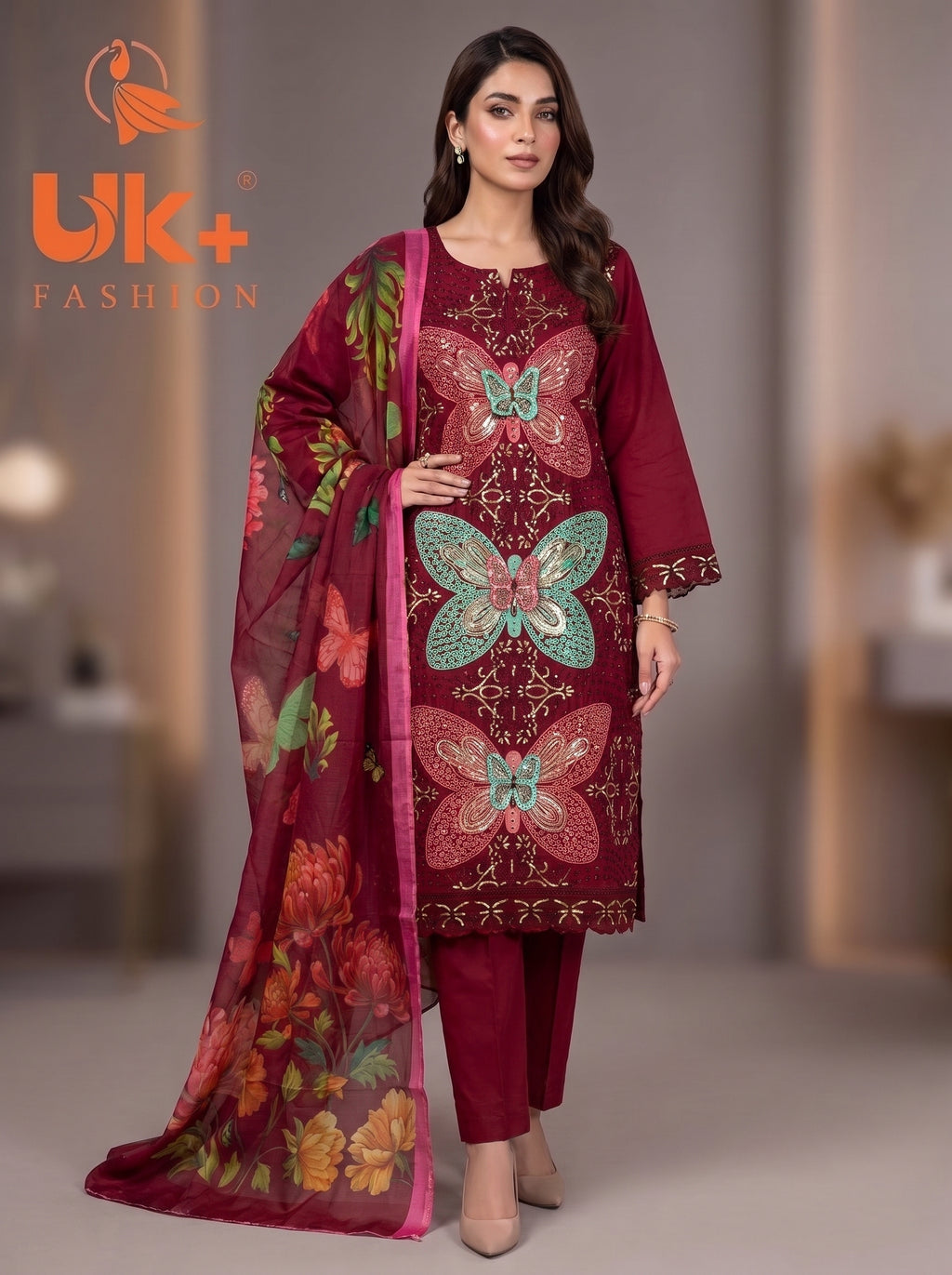 3Pc Embroidered Cotton Shirt, Trouser, Dupatta
