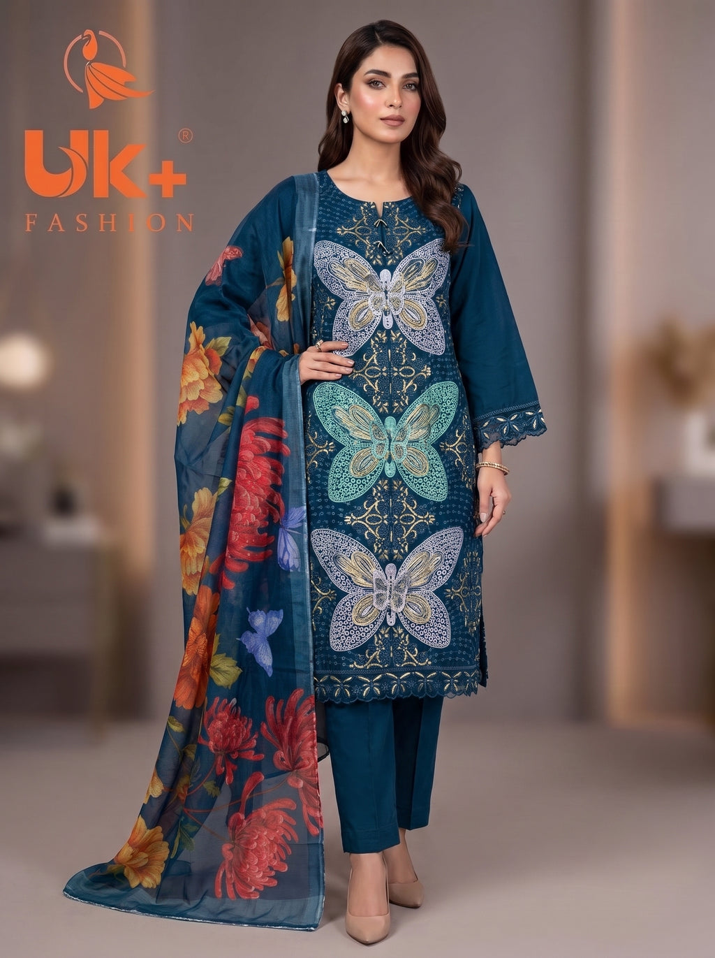 3Pc Embroidered Cotton Shirt, Trouser, Dupatta