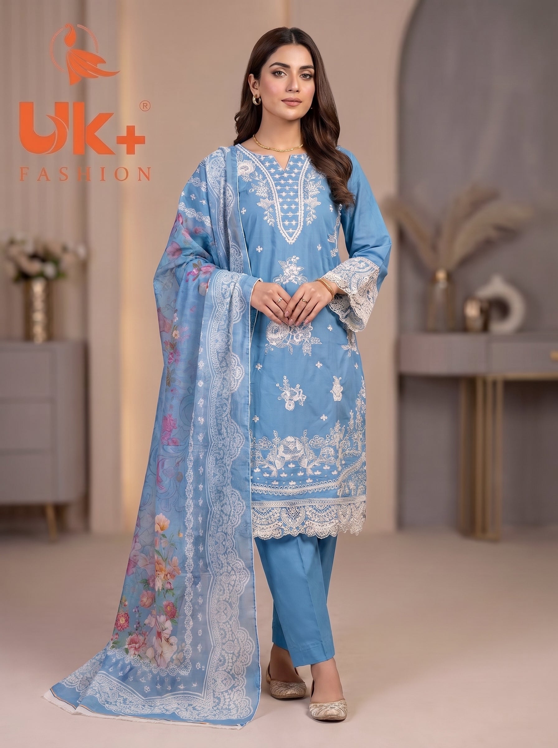 3Pc Embroidered Cotton Shirt, Trouser, Dupatta