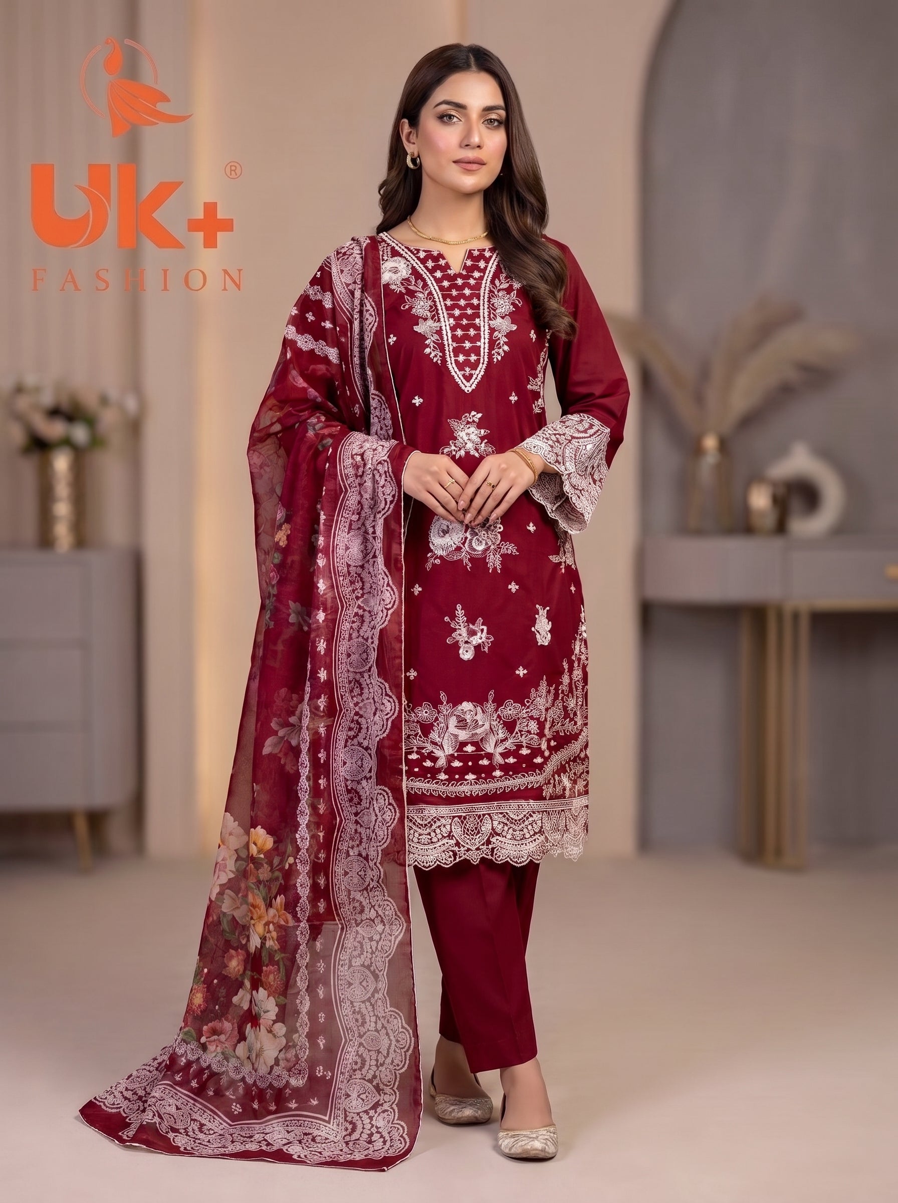 3Pc Embroidered Cotton Shirt, Trouser, Dupatta