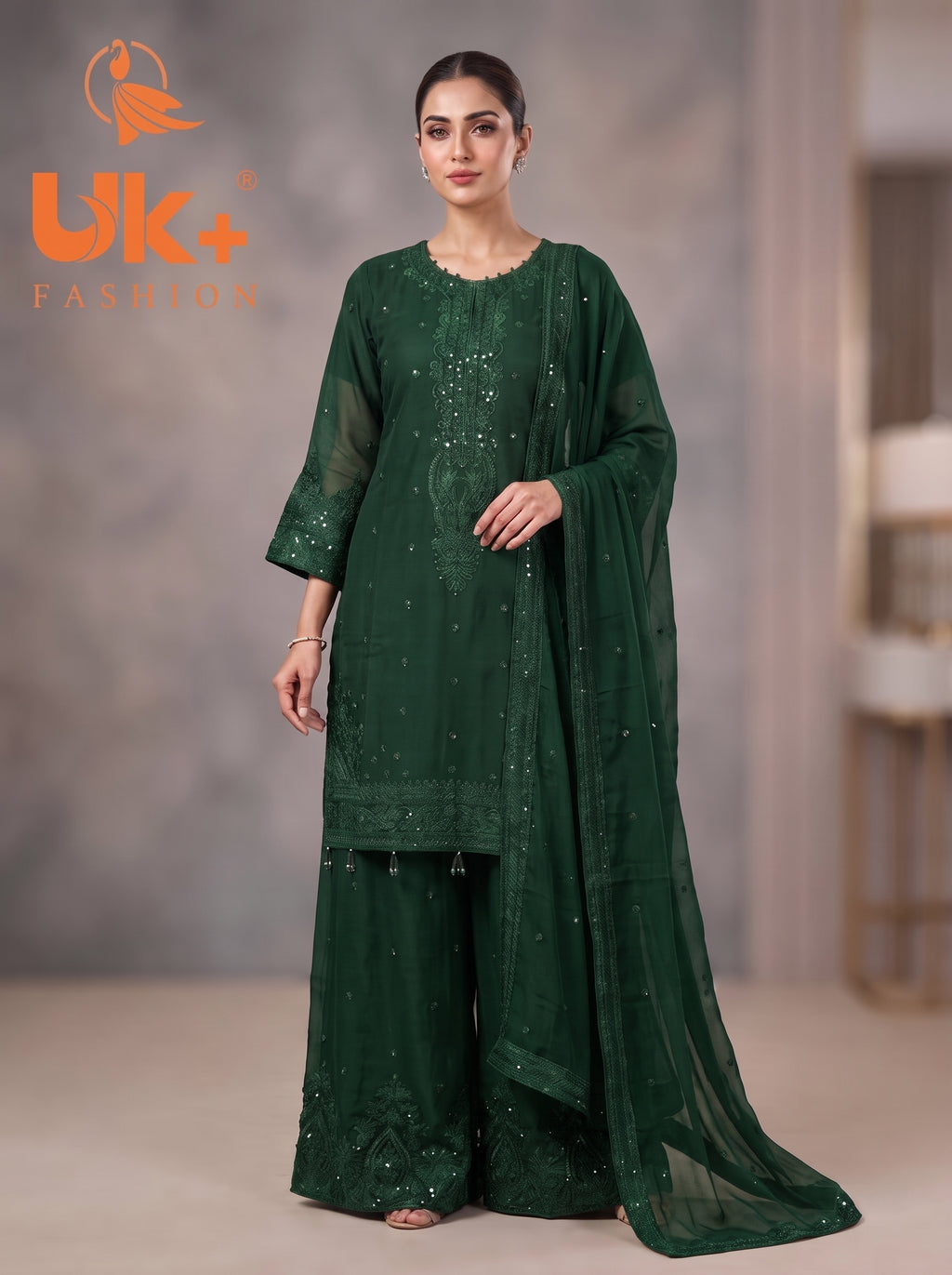 3Pc Embroided Chiffon Shirt, Plazo, Dupatta