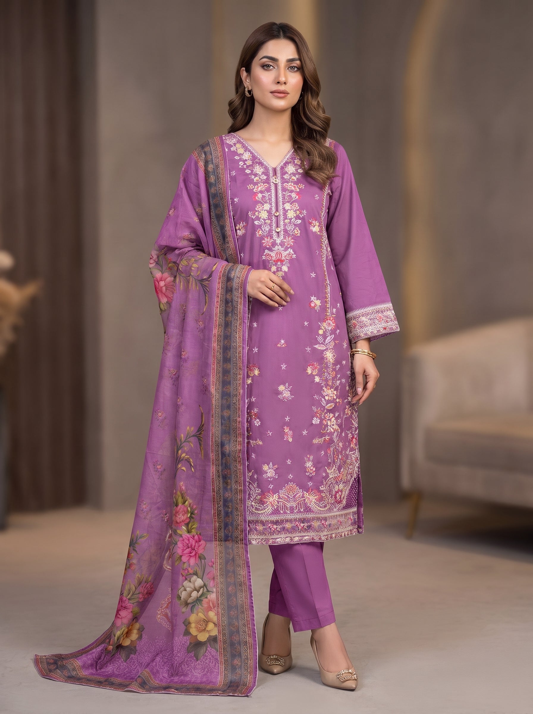 3Pc Embroidered Cotton Shirt, Trouser, Dupatta