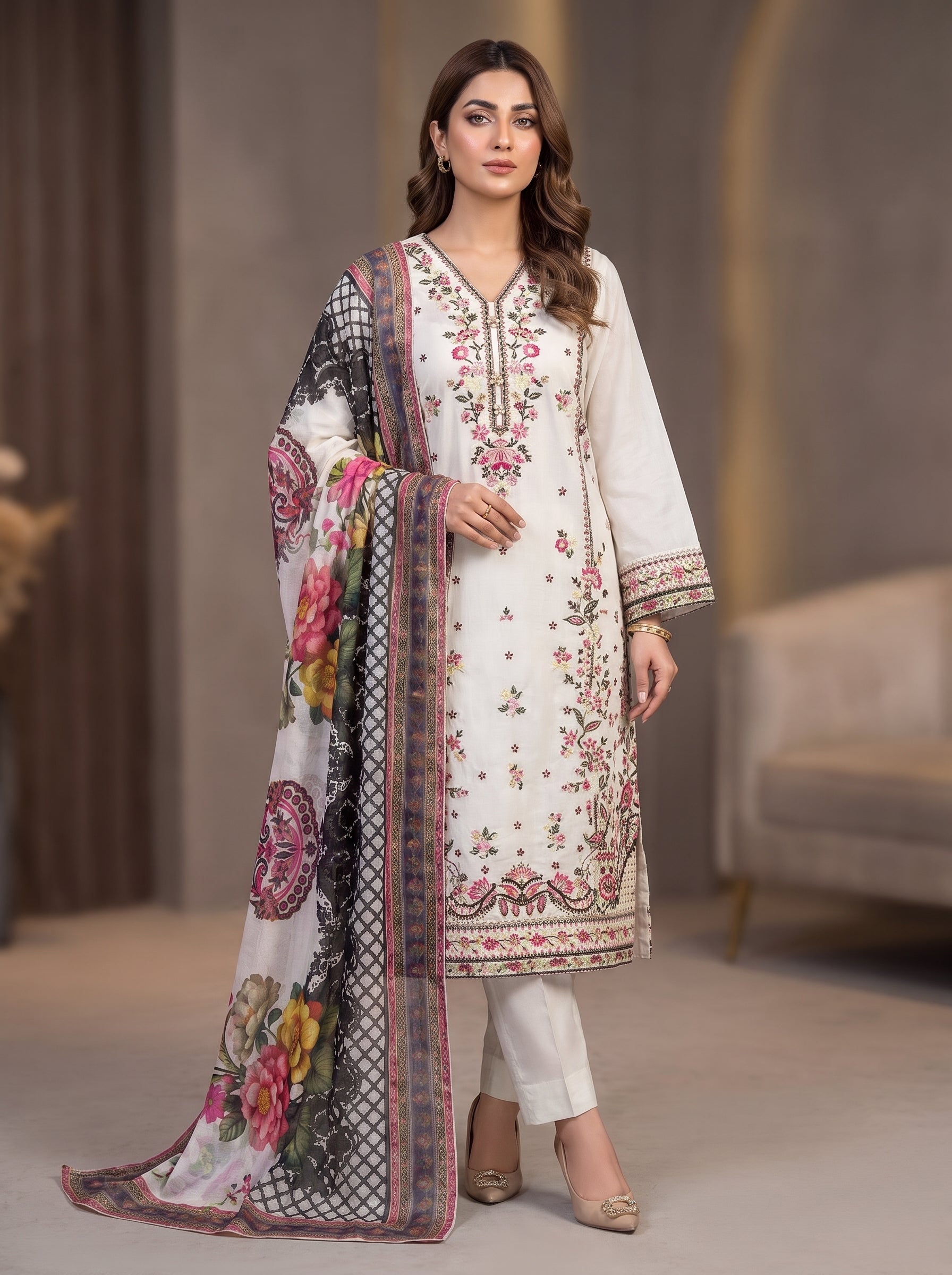 3Pc Embroidered Cotton Shirt, Trouser, Dupatta