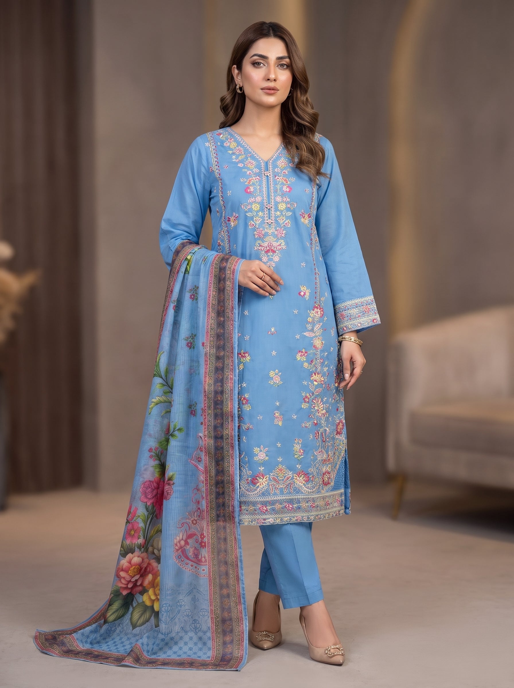 3Pc Embroidered Cotton Shirt, Trouser, Dupatta