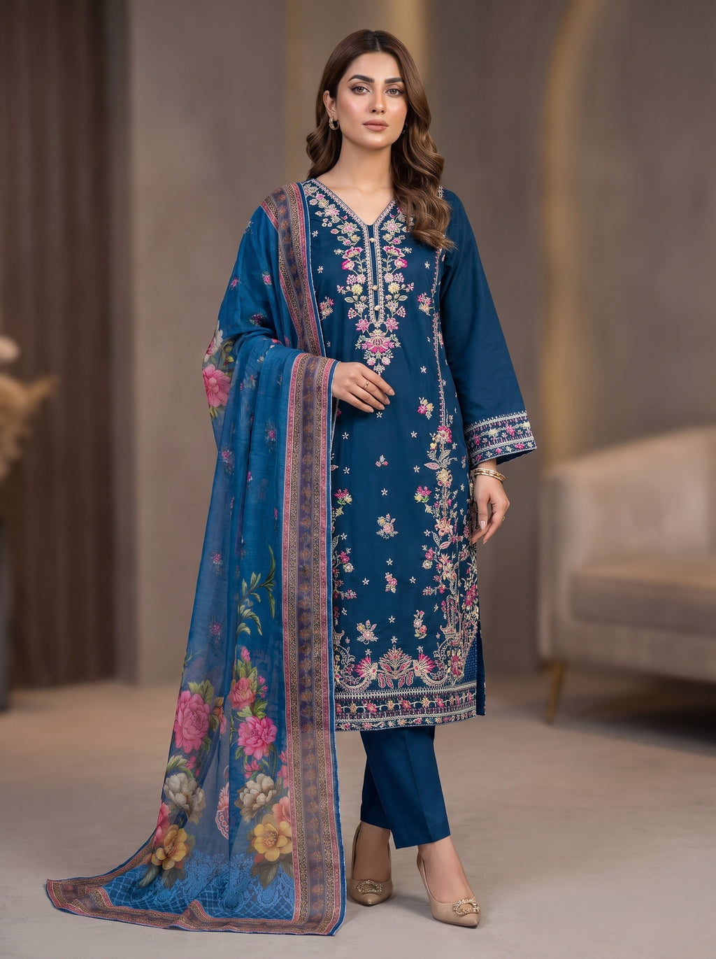 3Pc Embroidered Cotton Shirt, Trouser, Dupatta