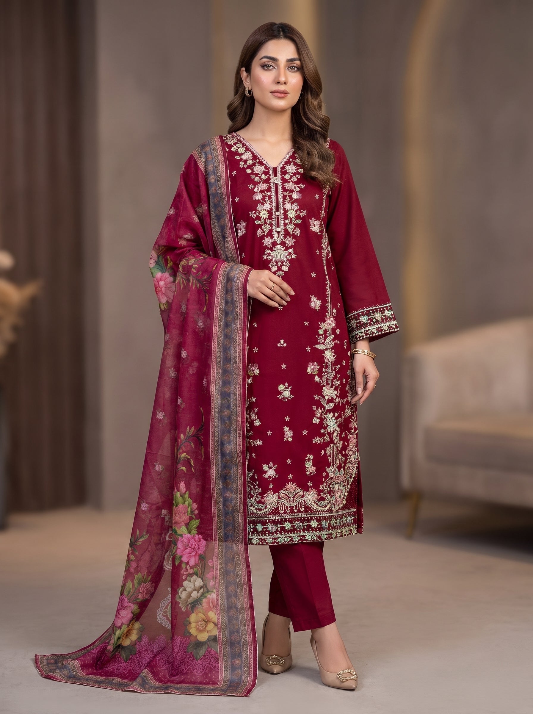 3Pc Embroidered Cotton Shirt, Trouser, Dupatta