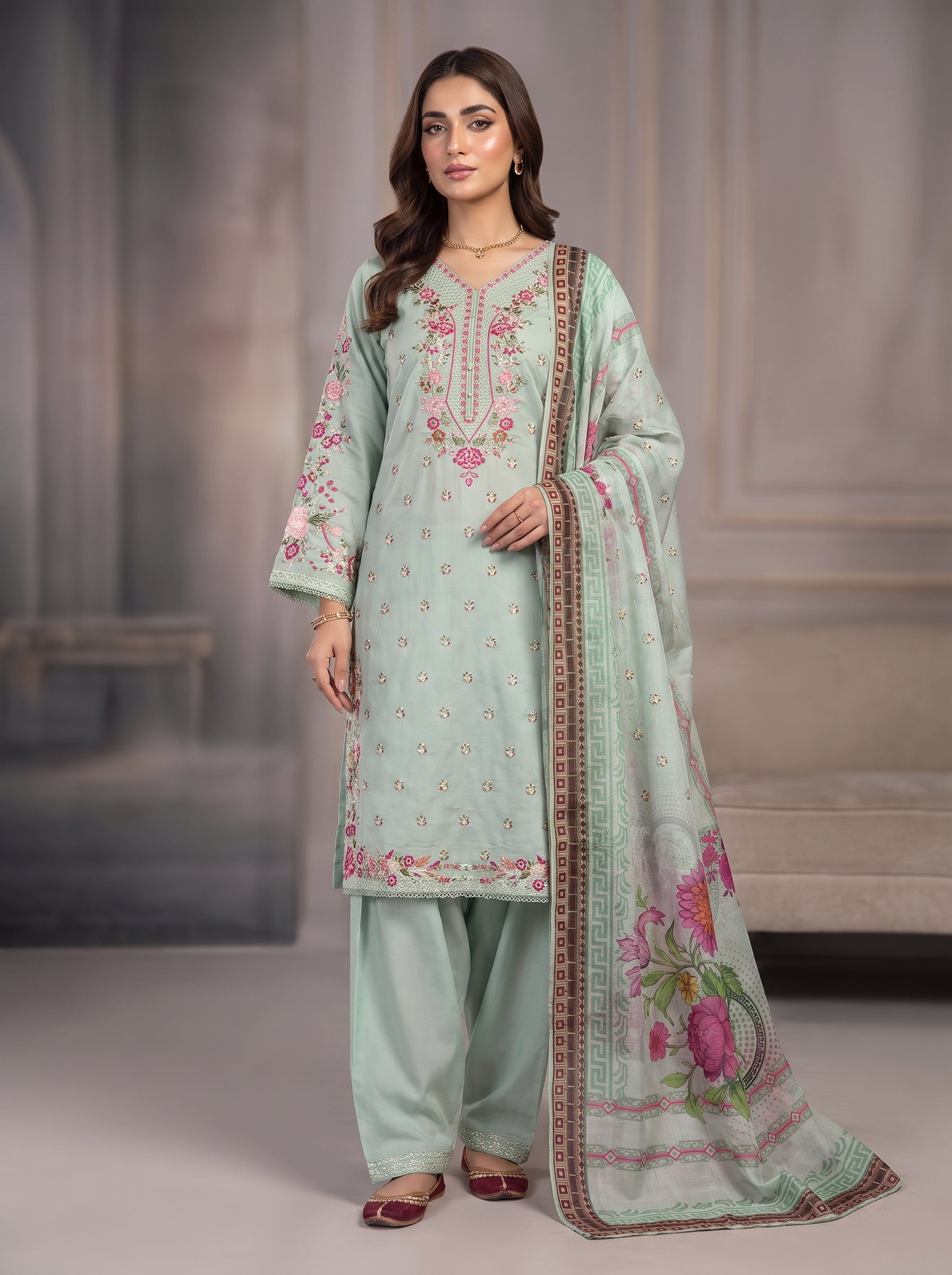 3Pc Embroidered Cotton Shirt, Trouser, Dupatta