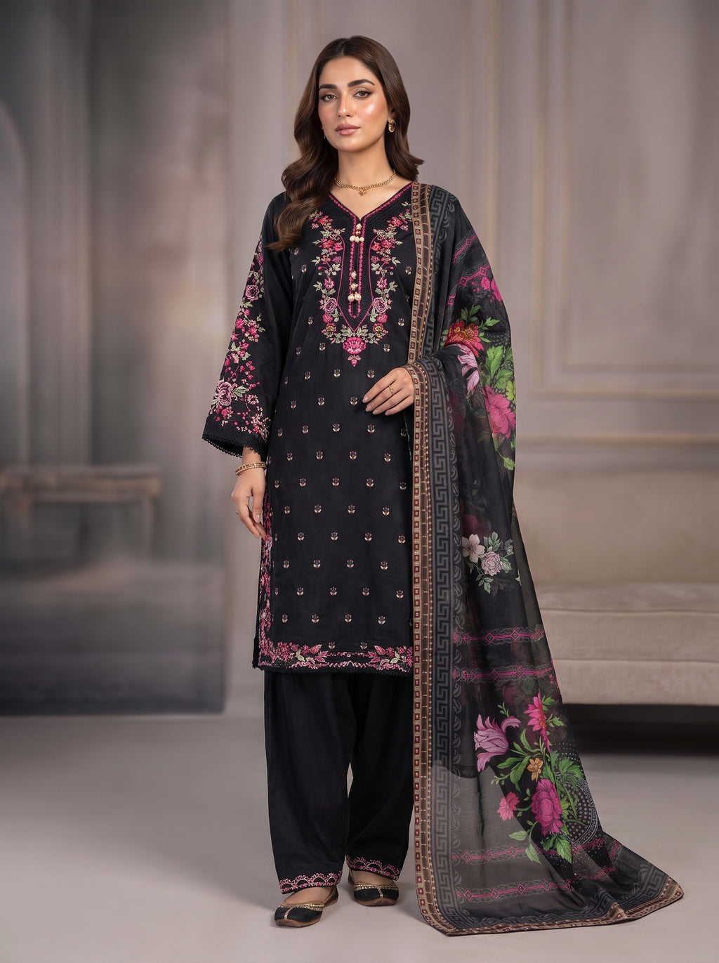 3Pc Embroidered Cotton Shirt, Trouser, Dupatta