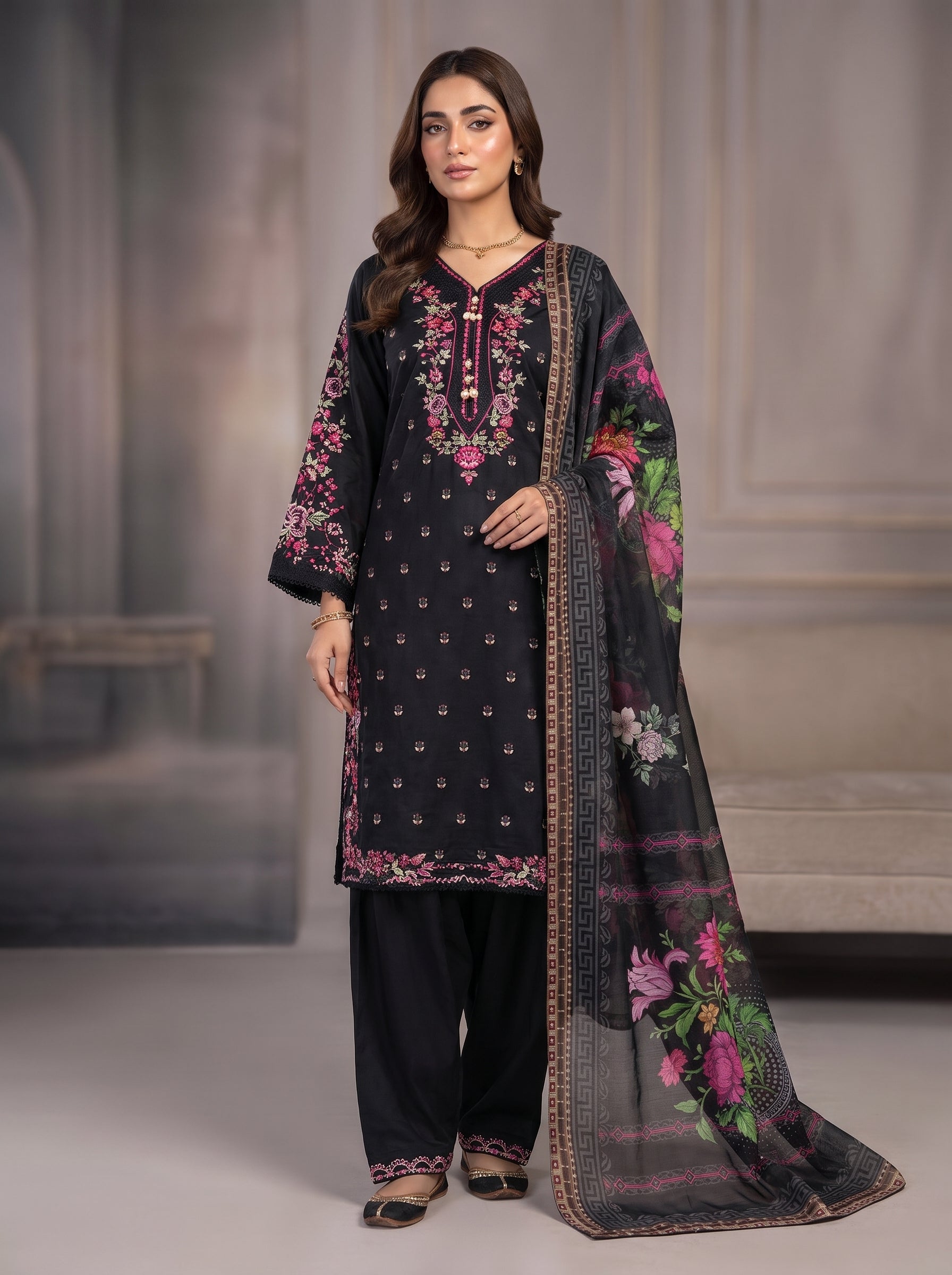 3Pc Embroidered Cotton Shirt, Trouser, Dupatta