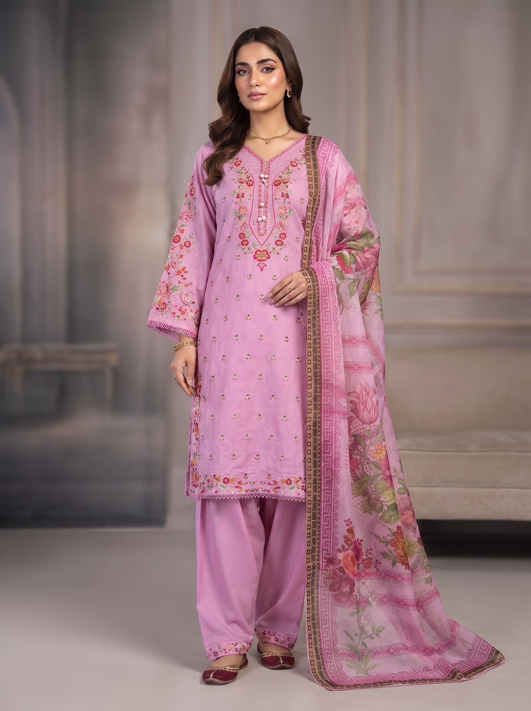 3Pc Embroidered Cotton Shirt, Trouser, Dupatta