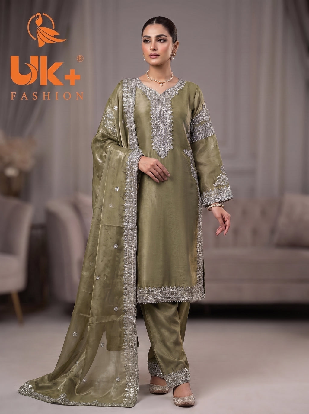 3Pc Embroidered Silk Shirt, Shalwar, Dupatta