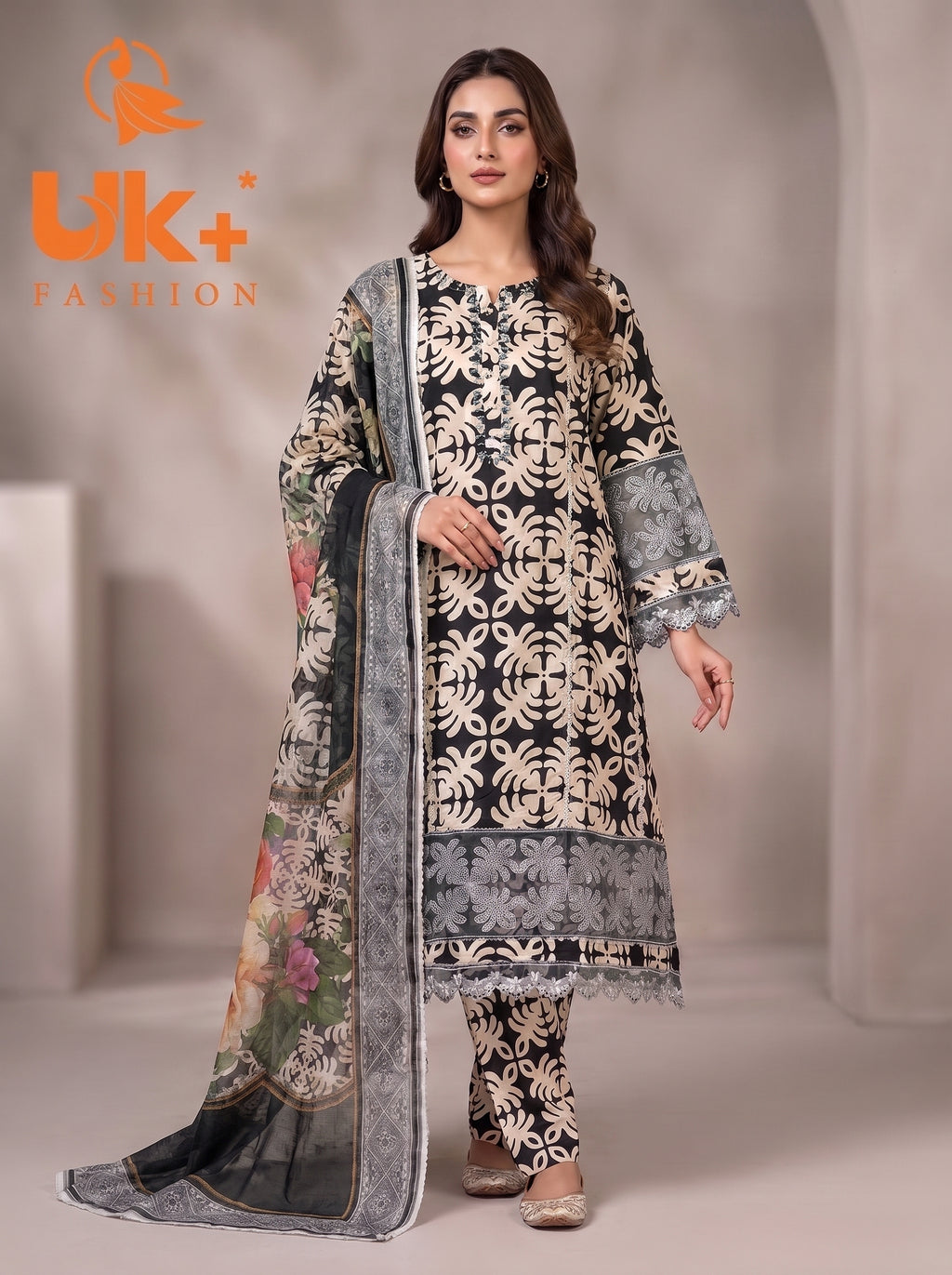 3Pc Embroidered Cotton Frock, Trouser, Dupatta