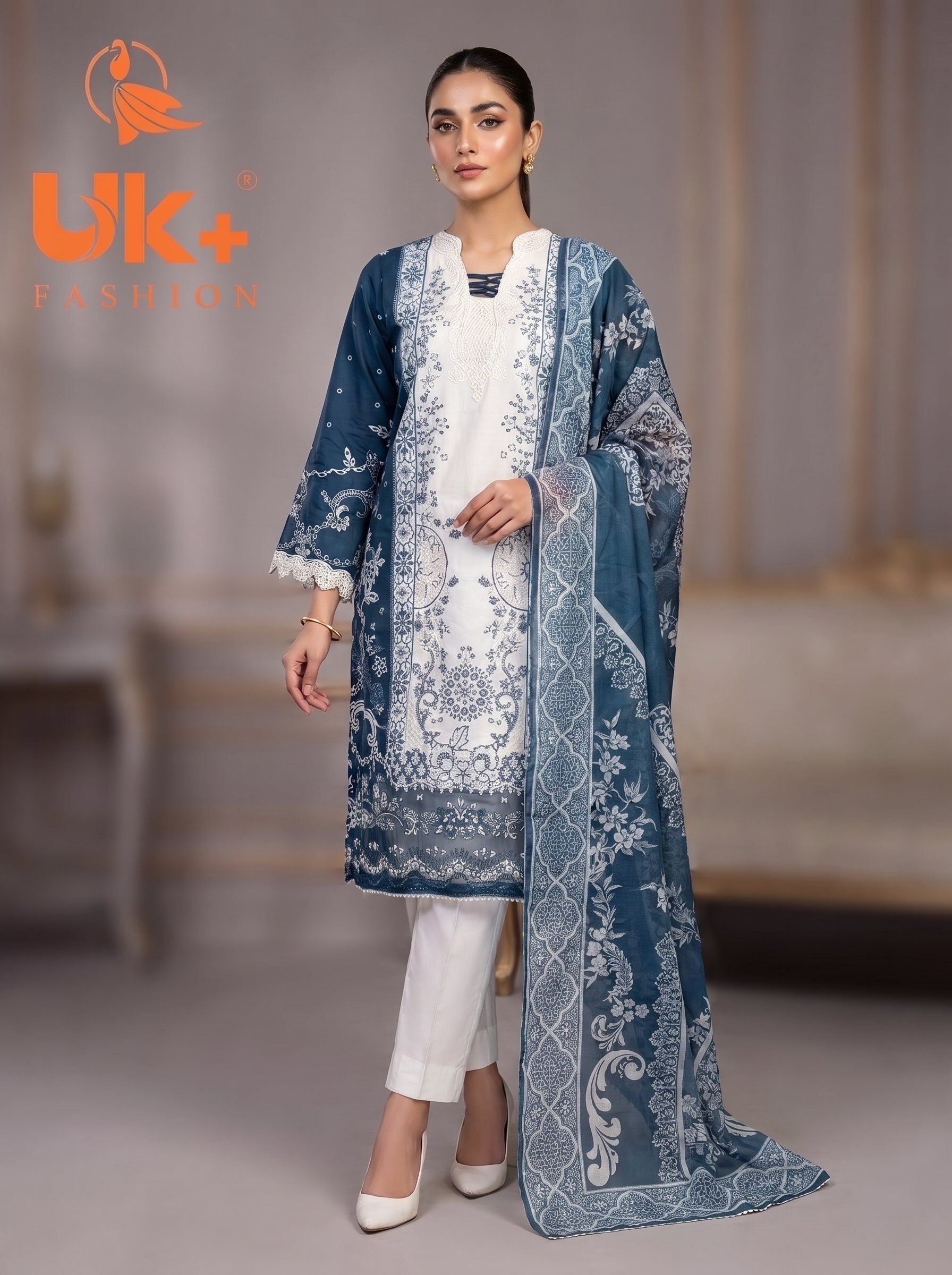 3Pc Embroidered Cotton Shirt, Trouser, Dupatta
