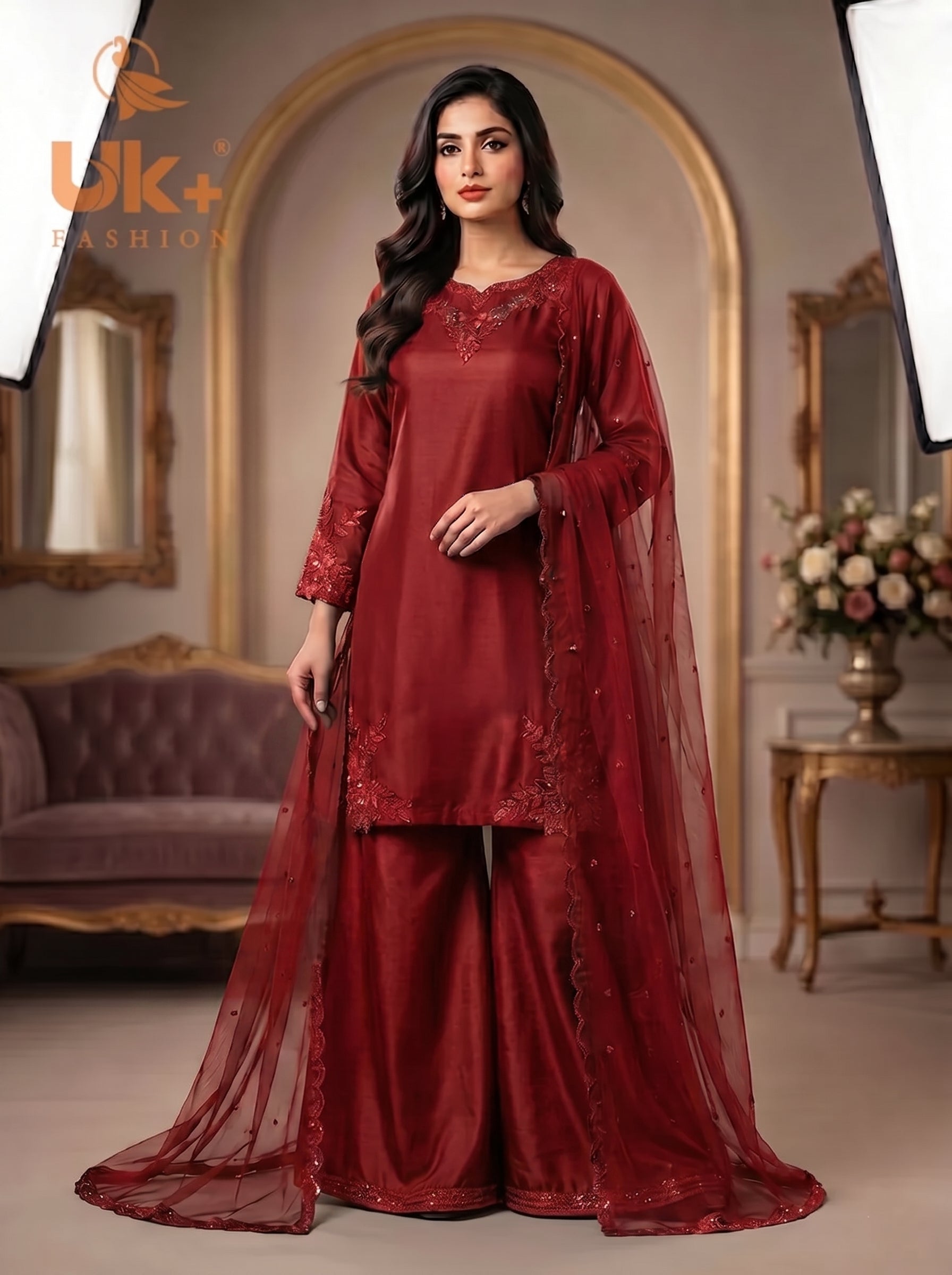 3Pc Embroided pure Silk Shirt, Plazo, Dupatta