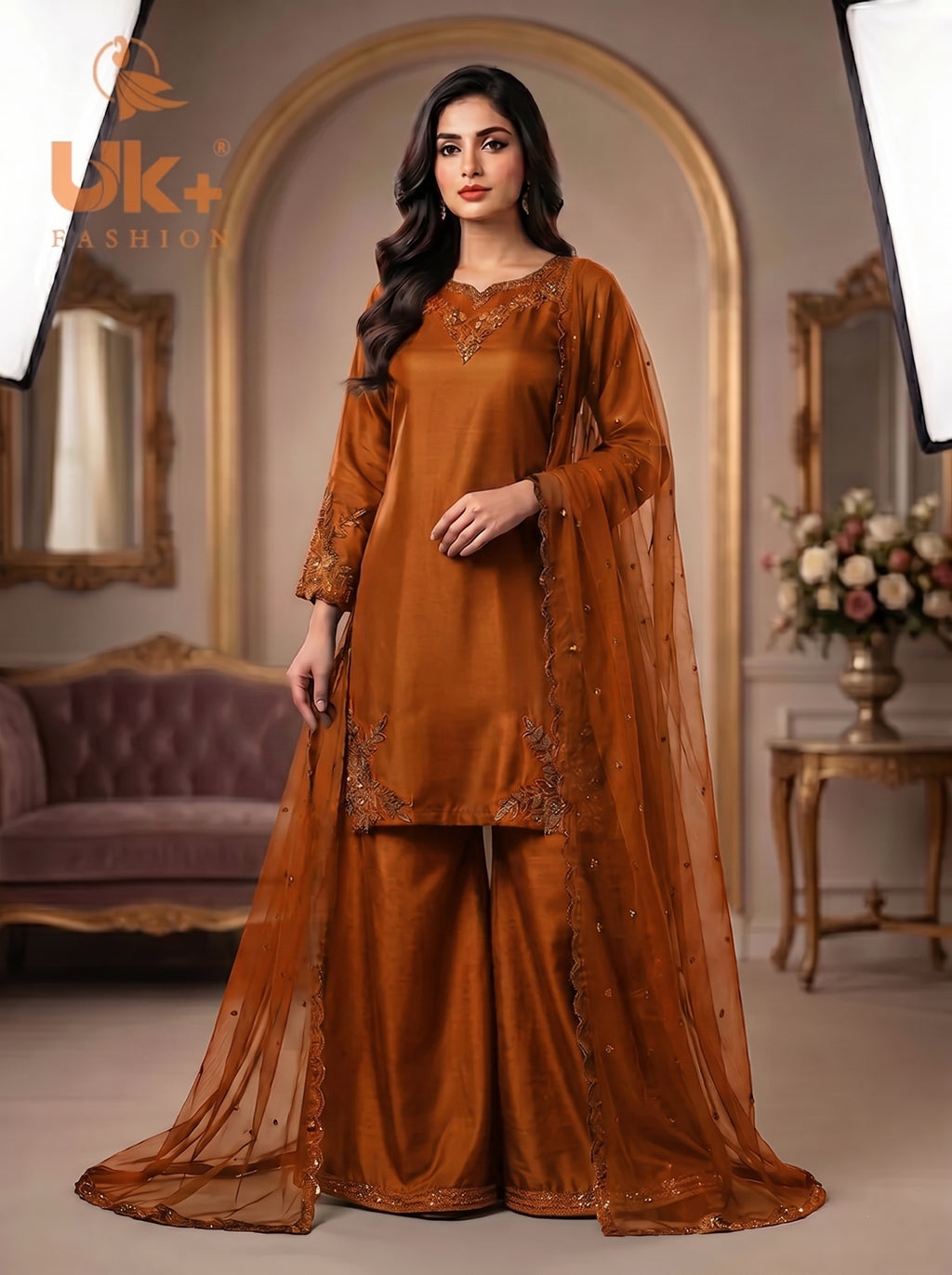 3Pc Embroided pure Silk Shirt, Plazo, Dupatta