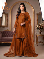 3Pc Embroided pure Silk Shirt, Plazo, Dupatta
