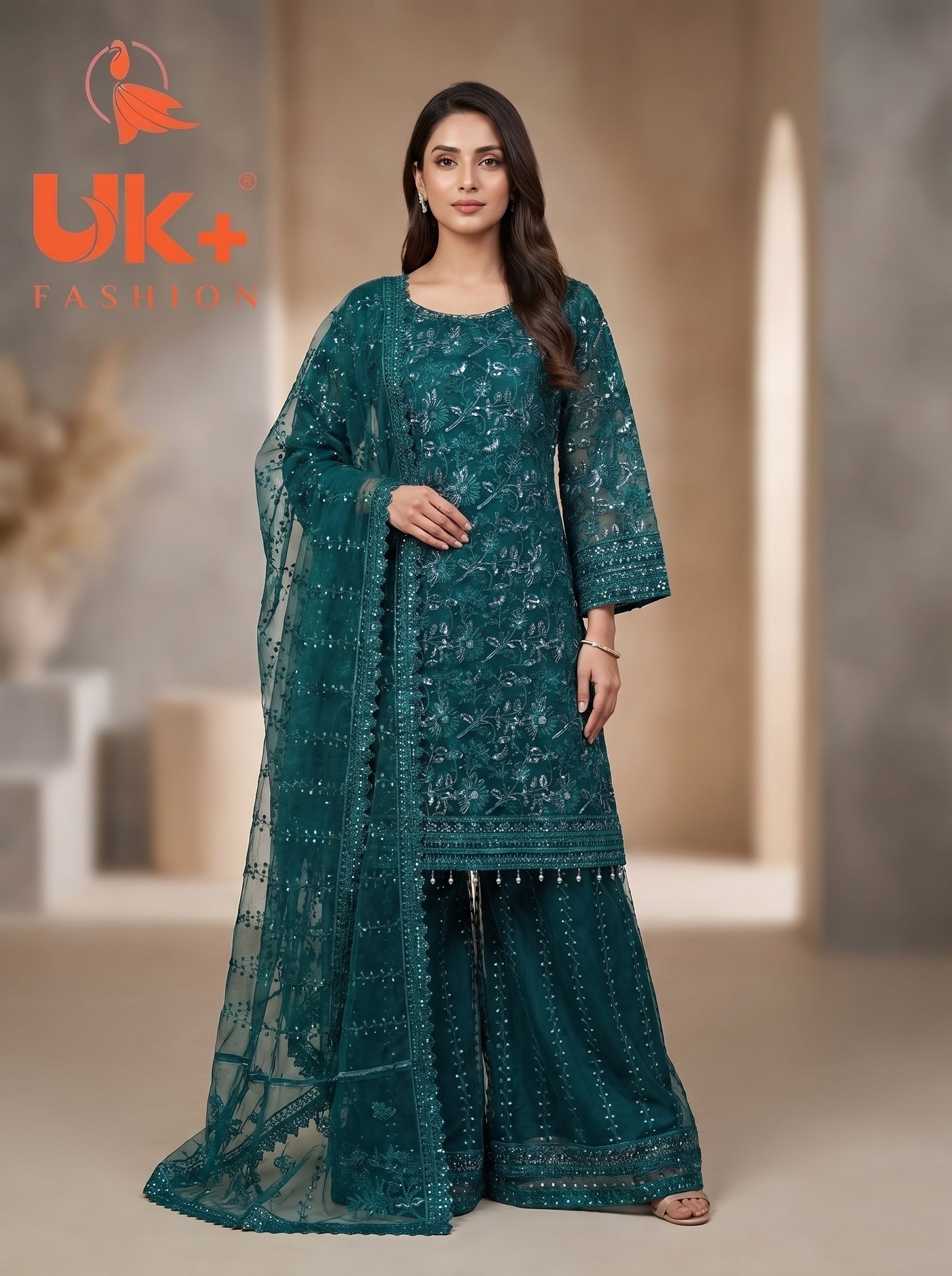 3Pc Embroidered Organza shirt, Plazo & Dupatta