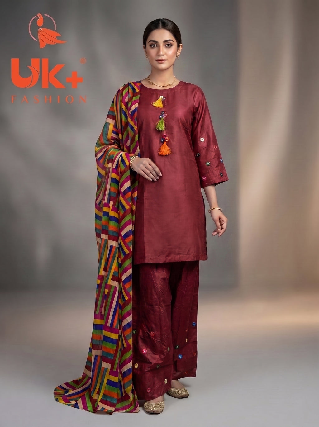 3Pc Embroidered Cotton Shirt, Plazo, Dupatta