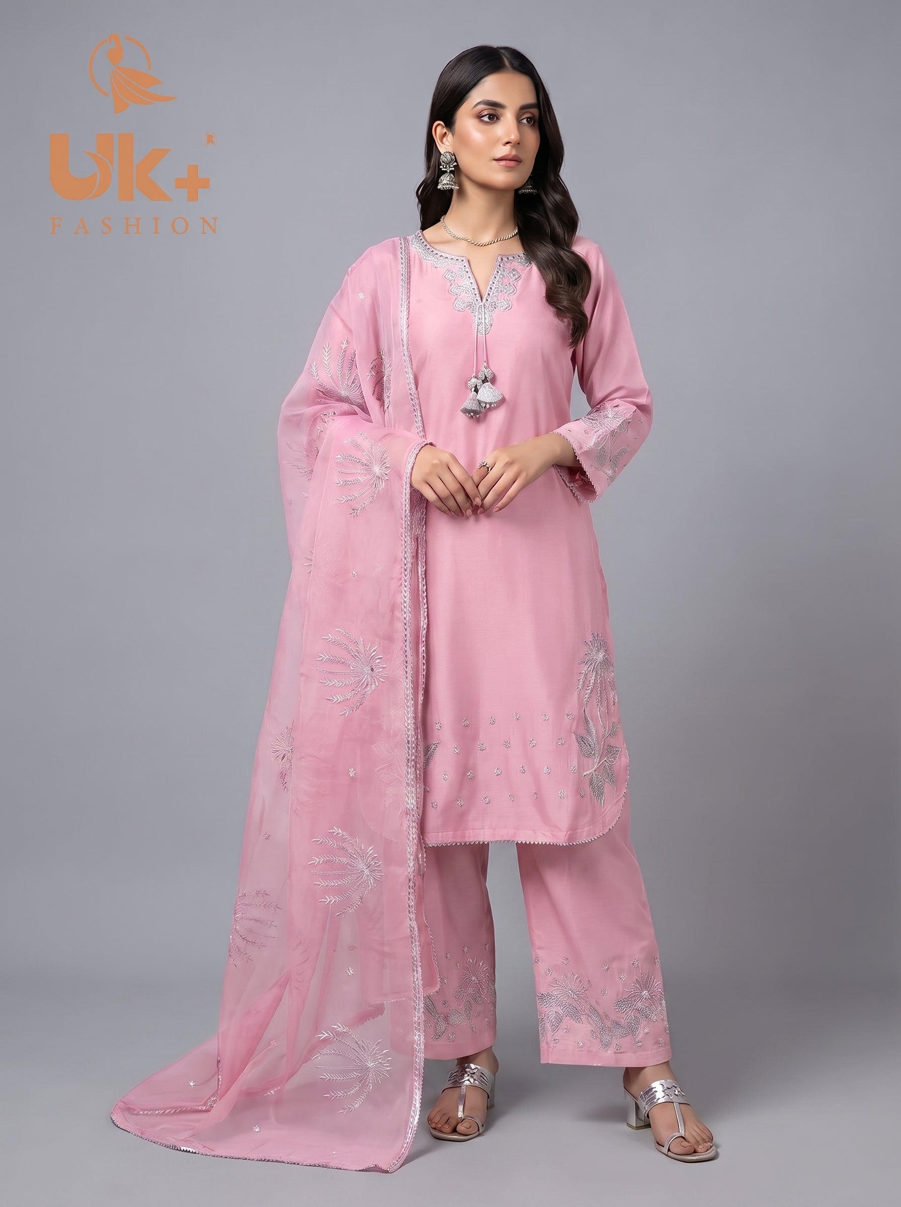 3Pc Embroidered Kataan Silk, Shirt, plazo & Dupatta