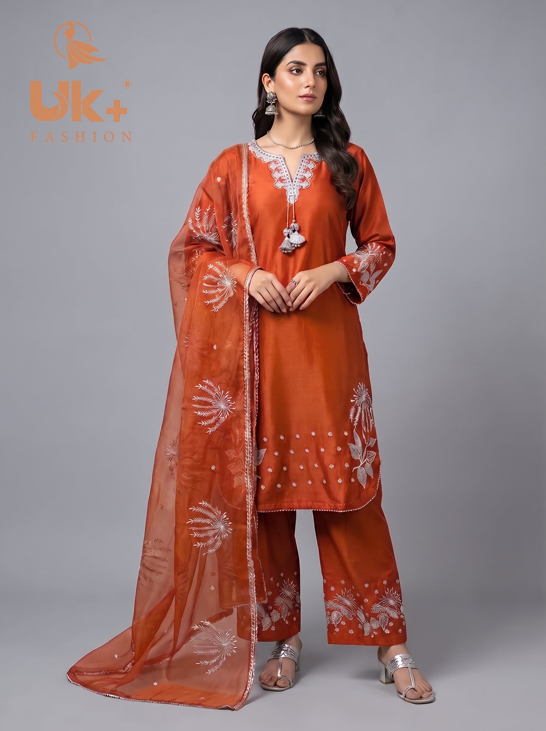 3Pc Embroidered Kataan Silk, Shirt, plazo & Dupatta