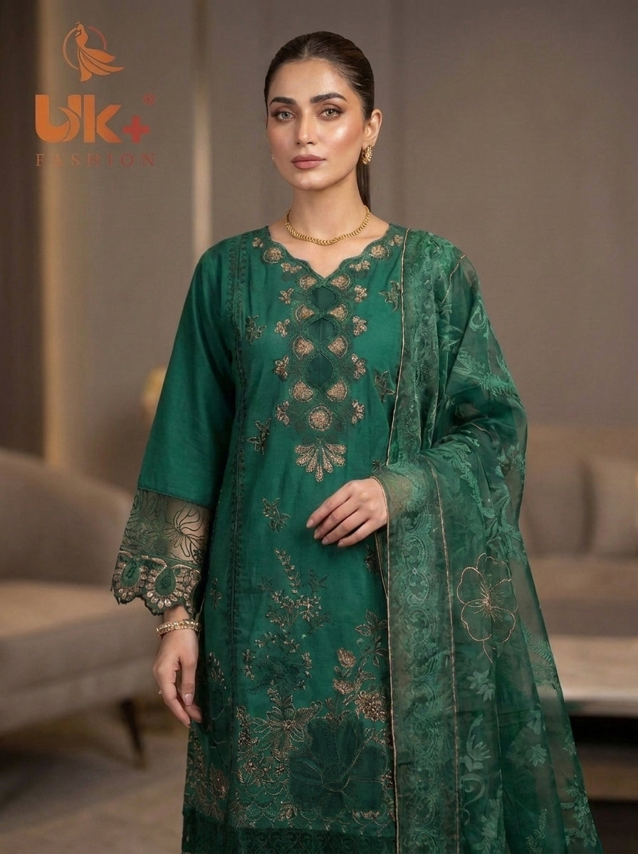 3Pc Embroidered Cotton Shirt, Trouser, Dupatta