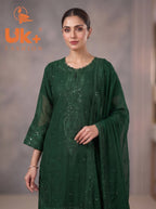 3Pc Embroided Chiffon Shirt, Plazo, Dupatta