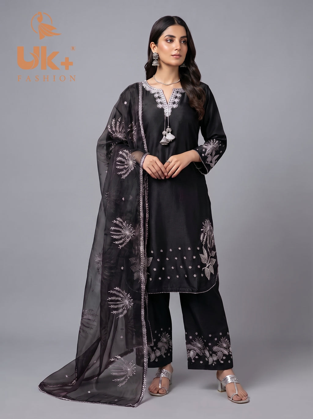 3Pc Embroidered Kataan Silk, Shirt, plazo & Dupatta