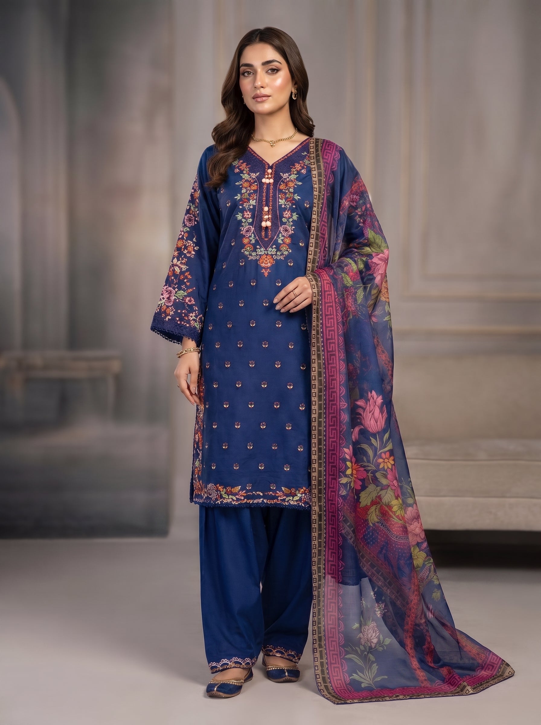 3Pc Embroidered Cotton Shirt, Trouser, Dupatta