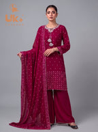3Pc Embroided Chiffon Shirt, Plazo, Dupatta