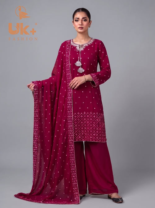 3Pc Embroided Chiffon Shirt, Plazo, Dupatta