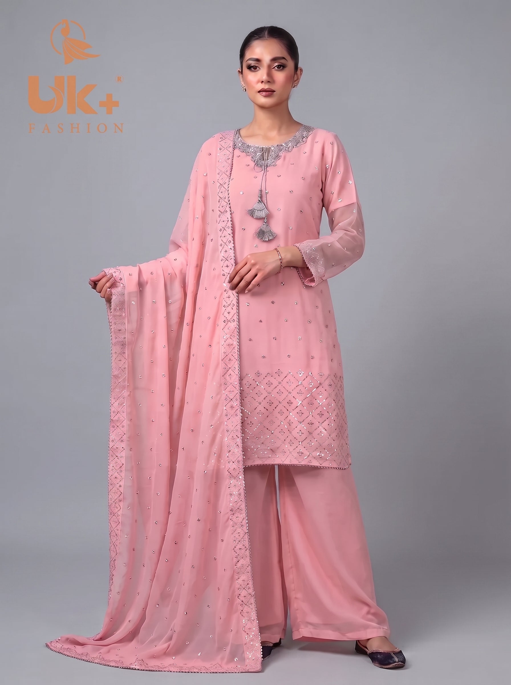 3Pc Embroided Chiffon Shirt, Plazo, Dupatta
