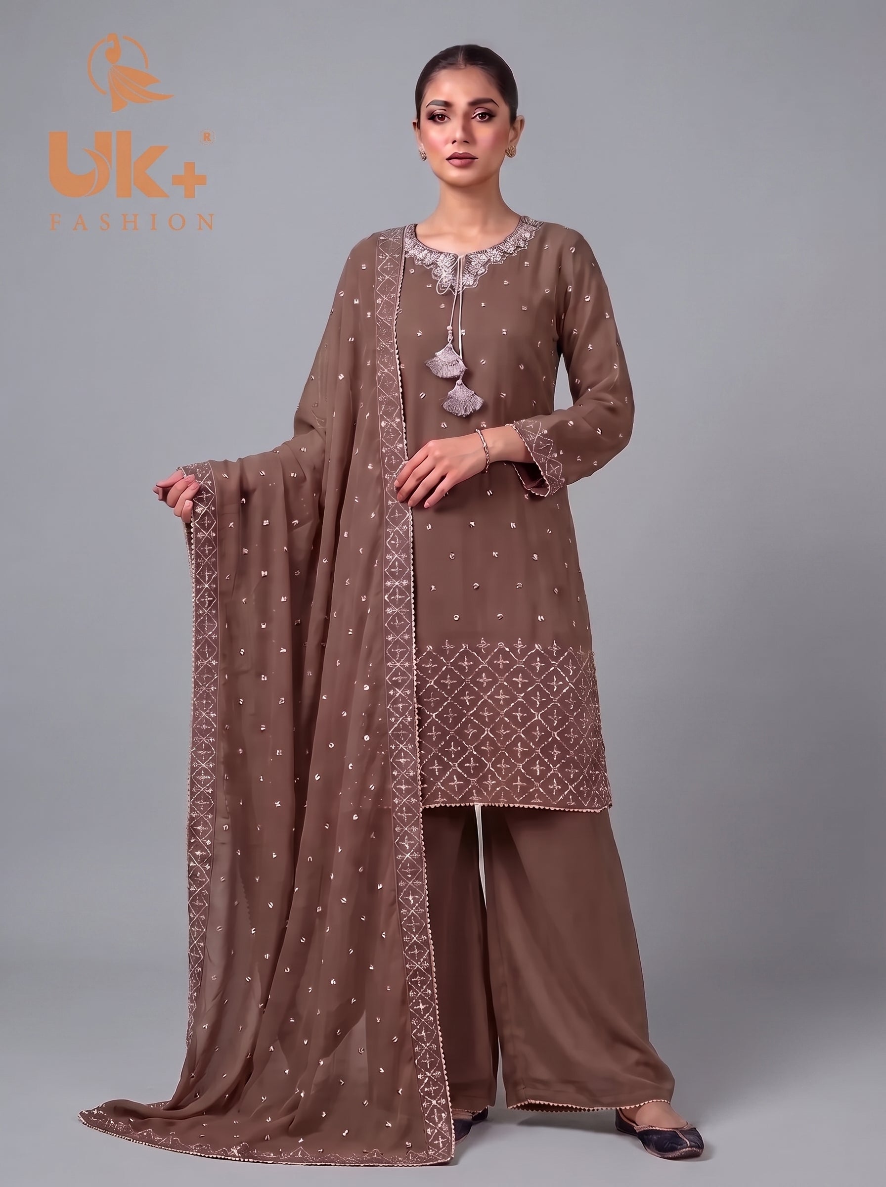 3Pc Embroided Chiffon Shirt, Plazo, Dupatta