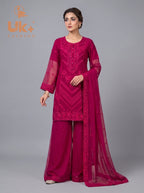3Pc Embroided Chiffon Shirt, Plazo, Dupatta