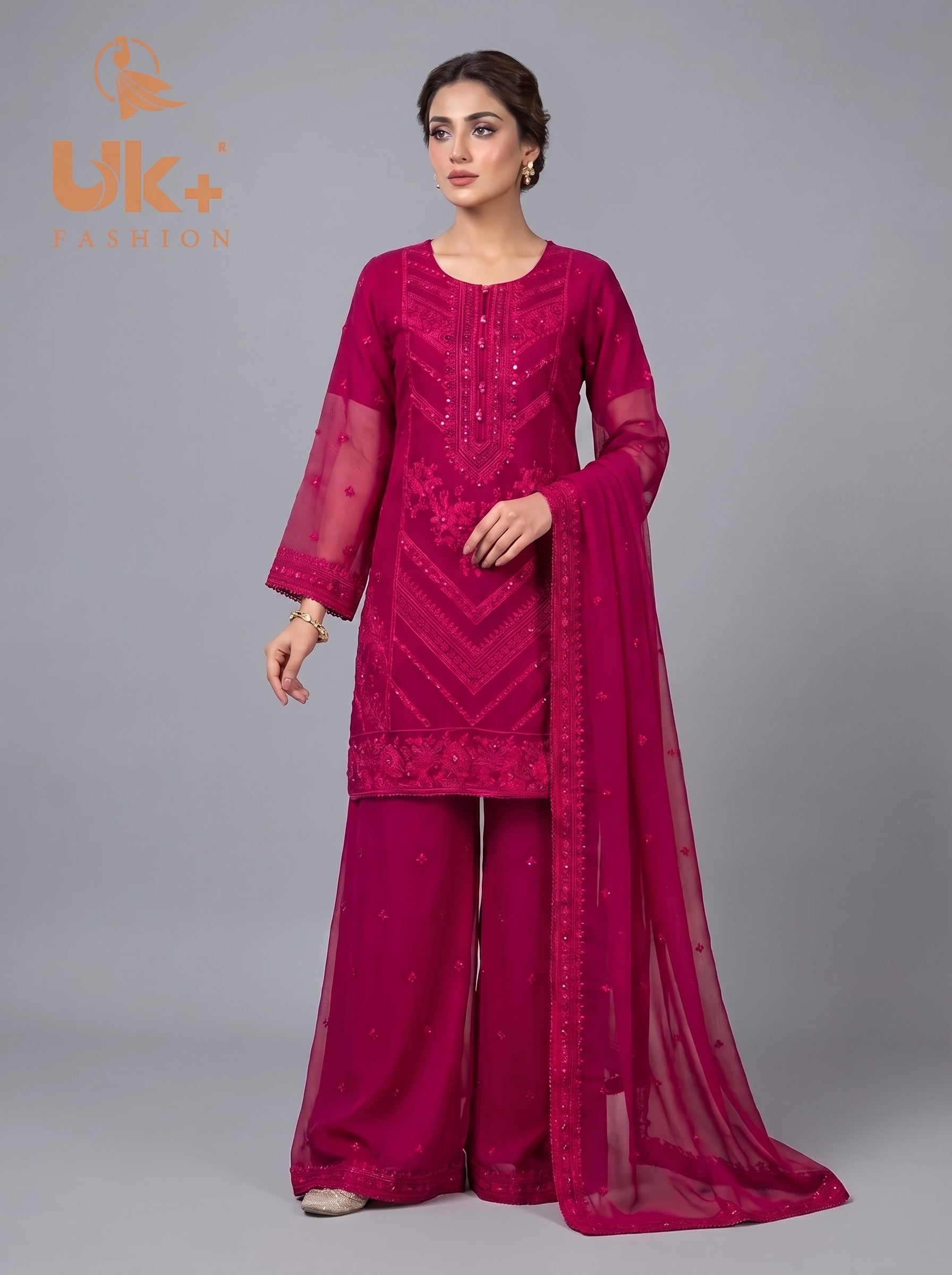3Pc Embroided Chiffon Shirt, Plazo, Dupatta