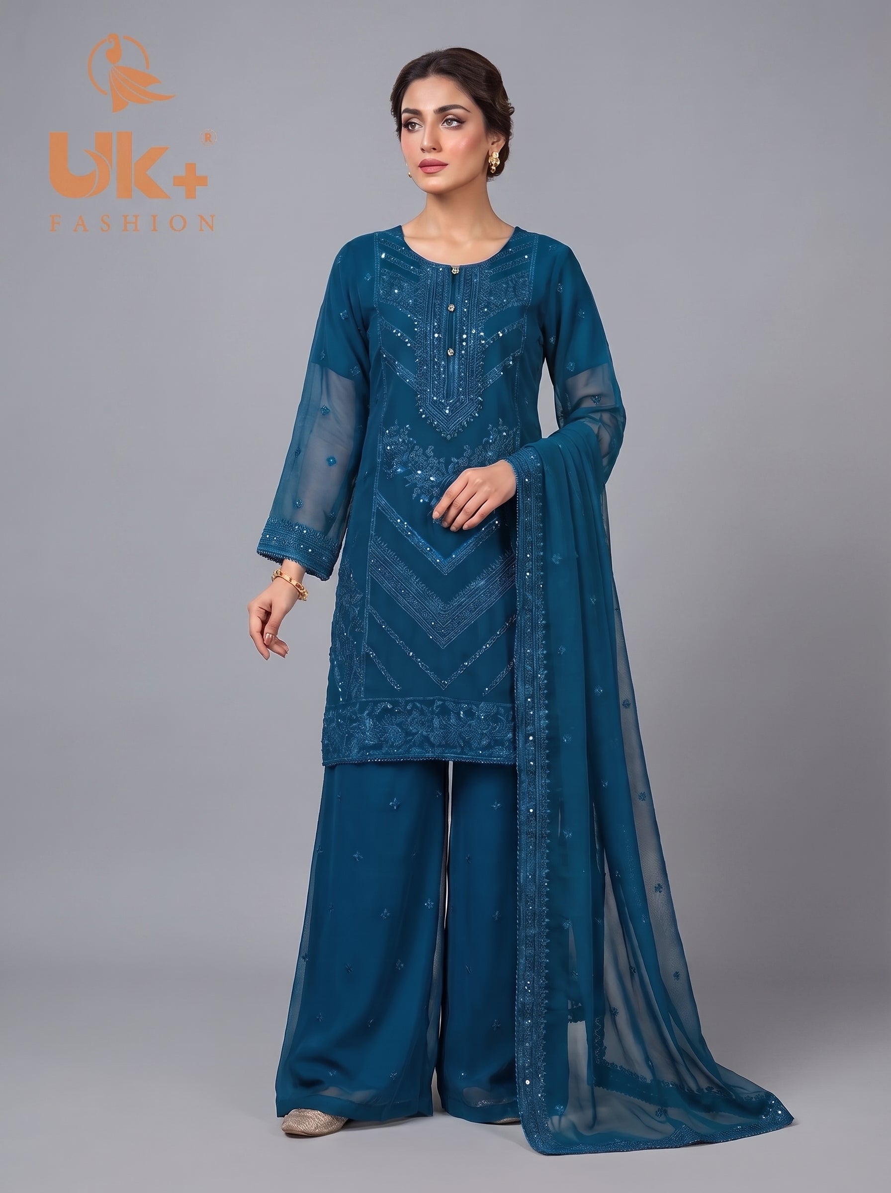 3Pc Embroided Chiffon Shirt, Plazo, Dupatta