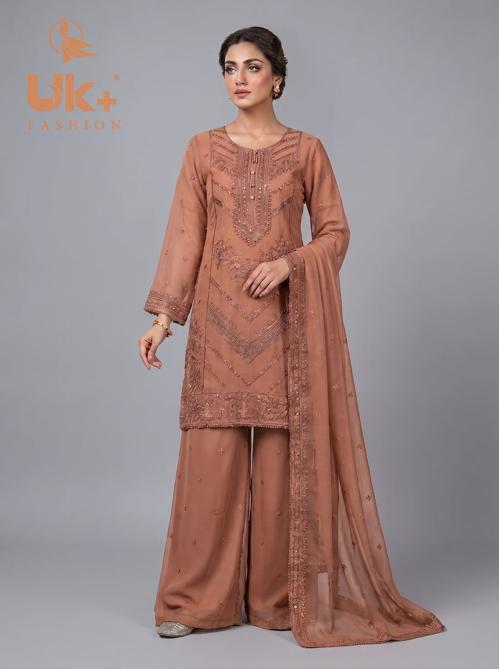 3Pc Embroided Chiffon Shirt, Plazo, Dupatta