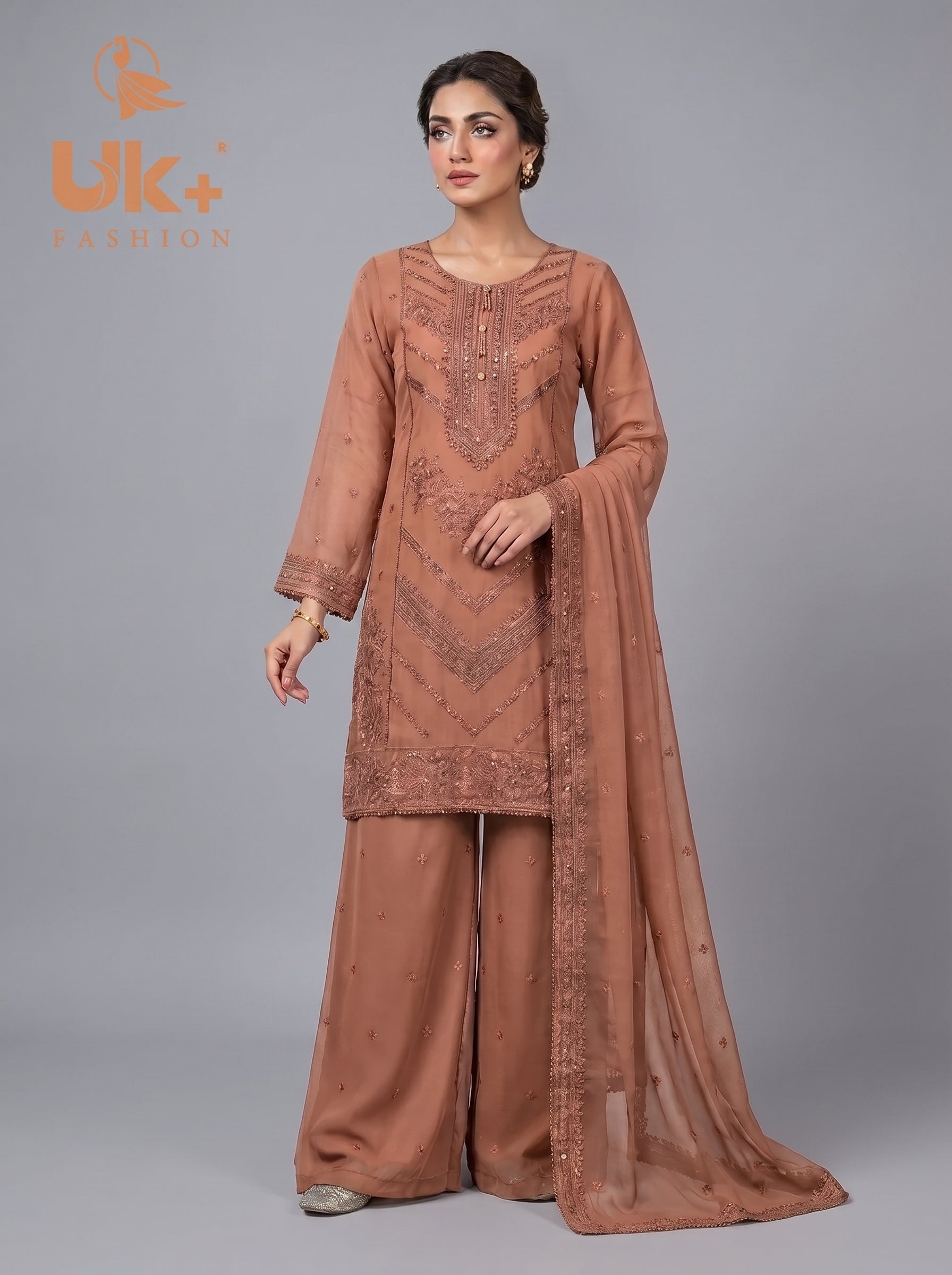 3Pc Embroided Chiffon Shirt, Plazo, Dupatta