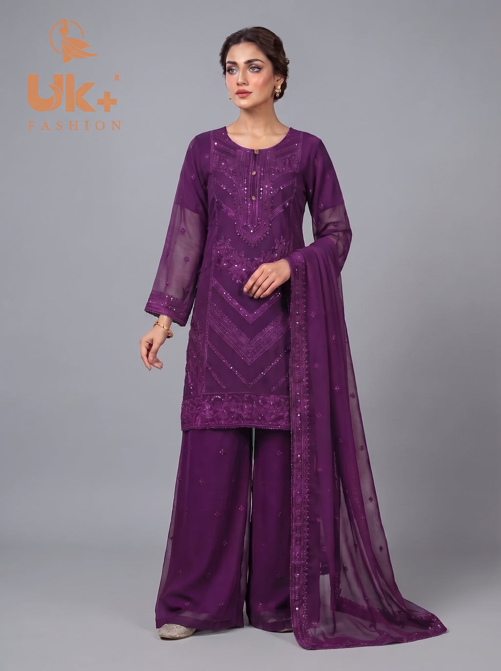 3Pc Embroided Chiffon Shirt, Plazo, Dupatta