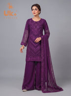 3Pc Embroided Chiffon Shirt, Plazo, Dupatta