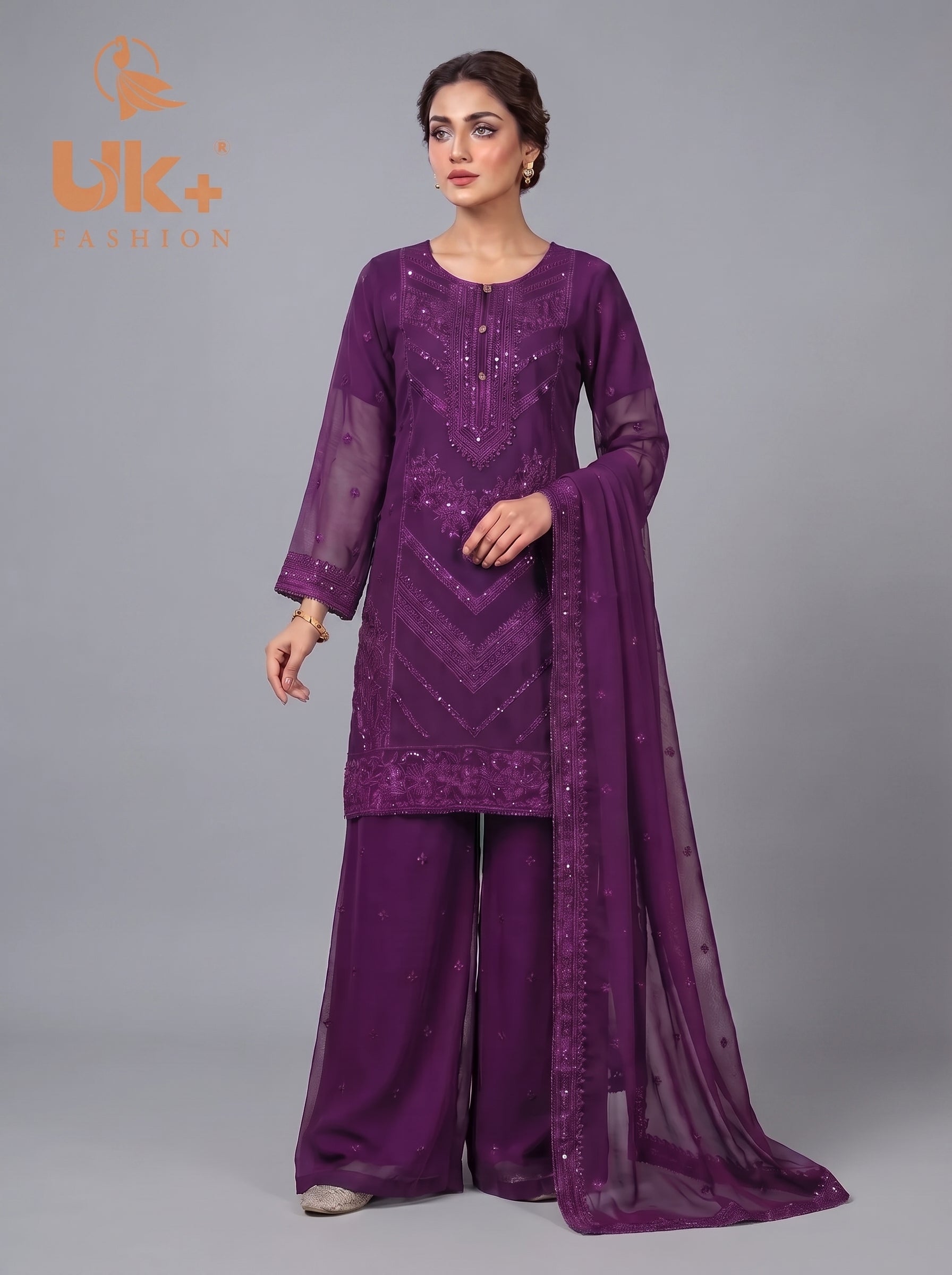 3Pc Embroided Chiffon Shirt, Plazo, Dupatta