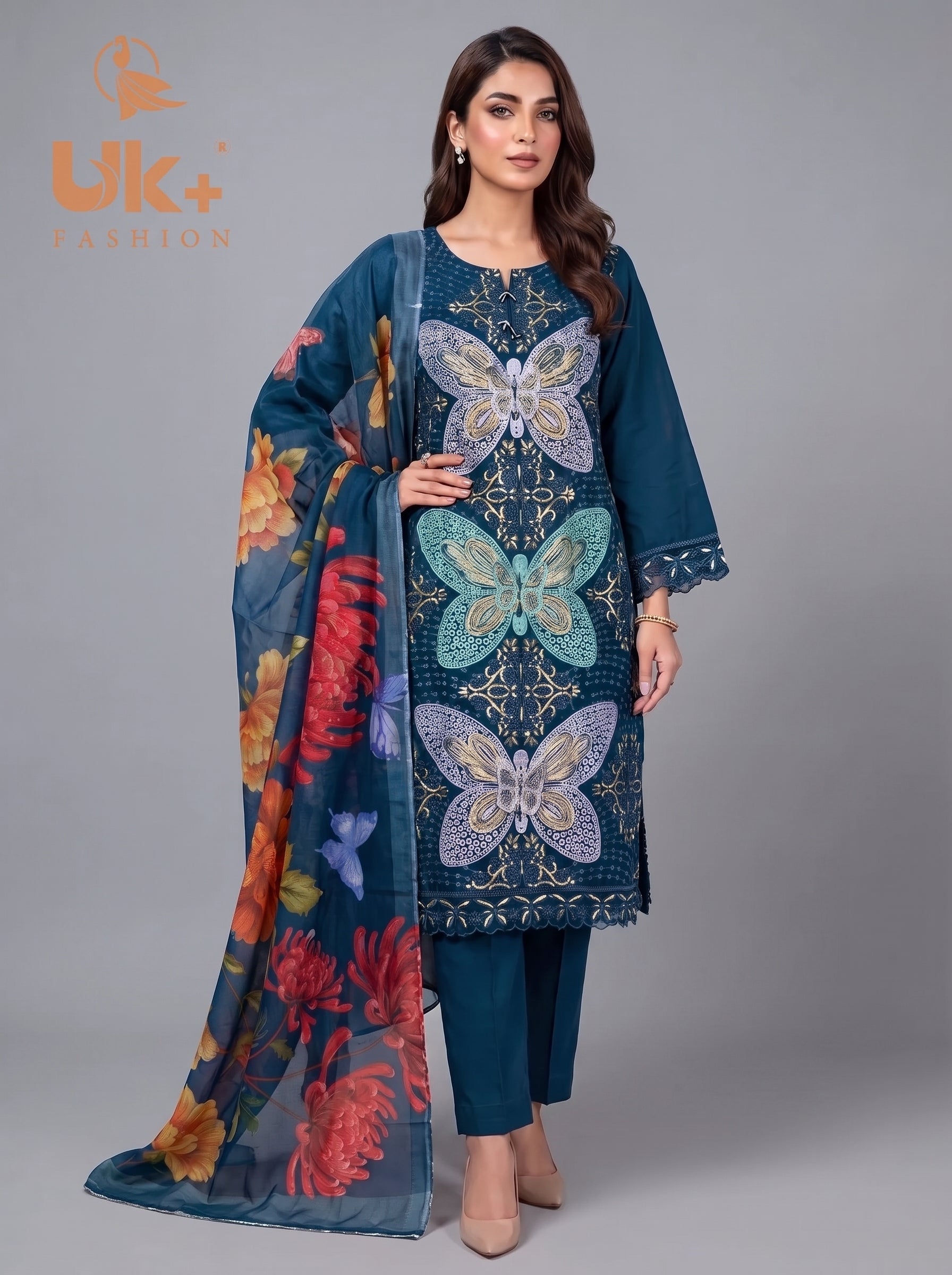 3Pc Embroidered Cotton Shirt, Trouser, Dupatta