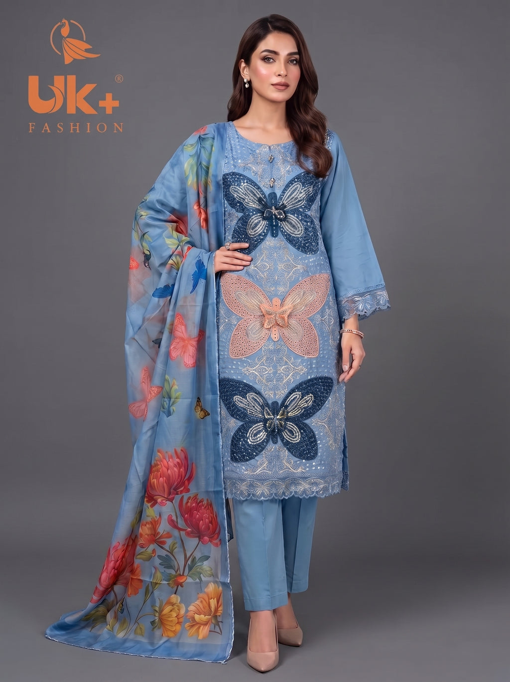 3Pc Embroidered Cotton Shirt, Trouser, Dupatta