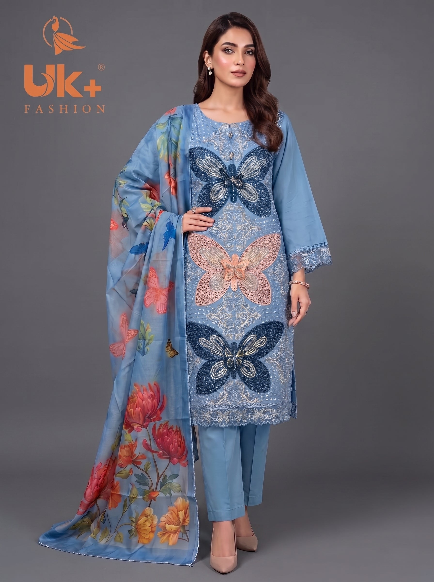 3Pc Embroidered Cotton Shirt, Trouser, Dupatta