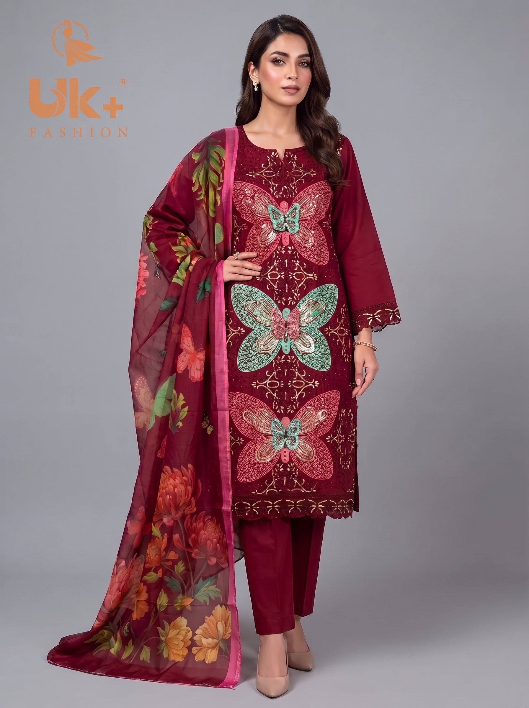 3Pc Embroidered Cotton Shirt, Trouser, Dupatta