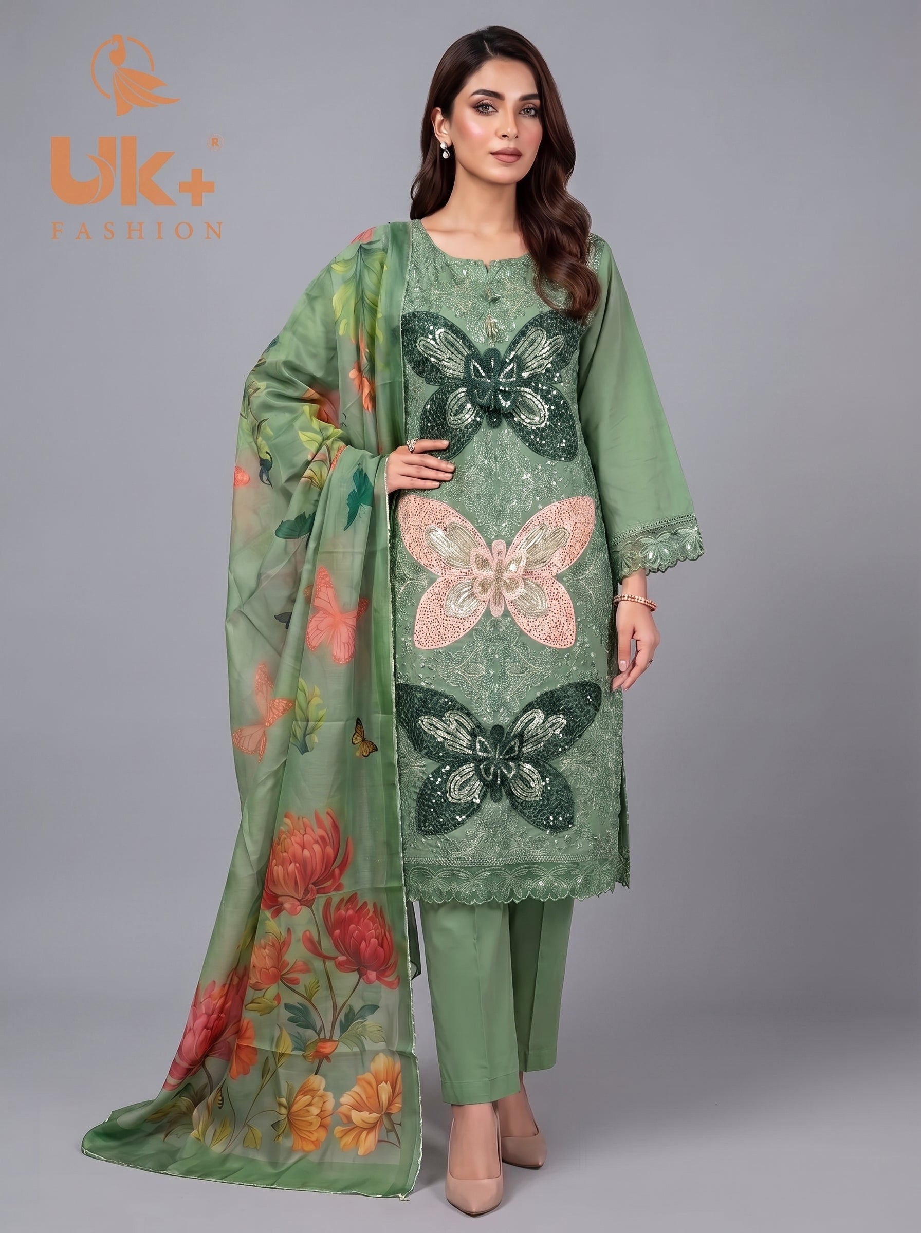 3Pc Embroidered Cotton Shirt, Trouser, Dupatta