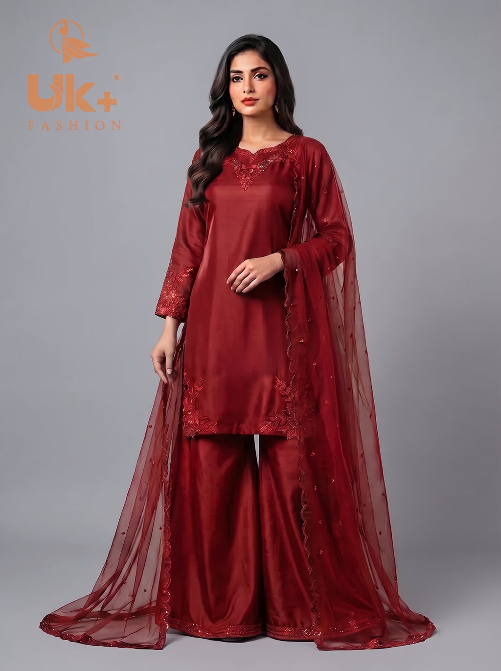 3Pc Embroided pure Silk Shirt, Plazo, Dupatta