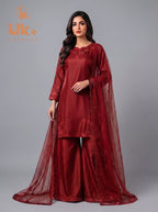 3Pc Embroided pure Silk Shirt, Plazo, Dupatta