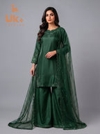 3Pc Embroided pure Silk Shirt, Plazo, Dupatta