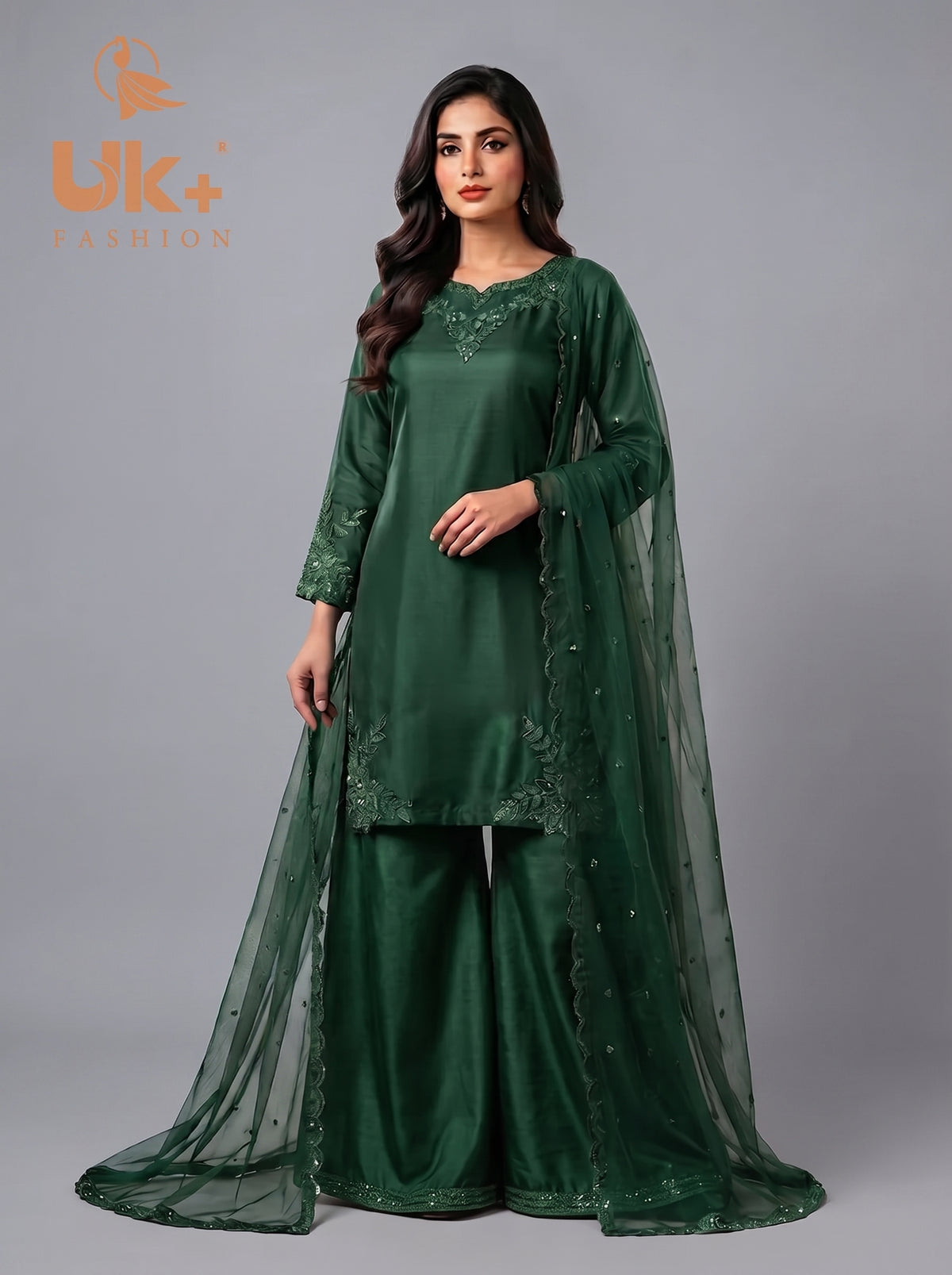 3Pc Embroided pure Silk Shirt, Plazo, Dupatta